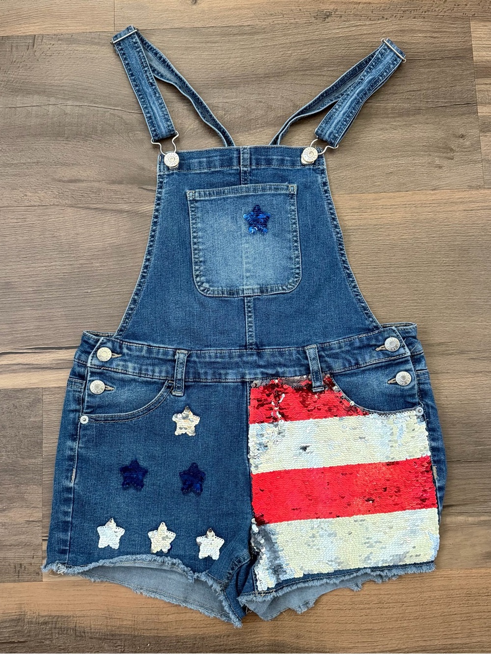 Justice Girls' Sequin U.S. Flag Stars & Stripes Denim Shortalls Size 18